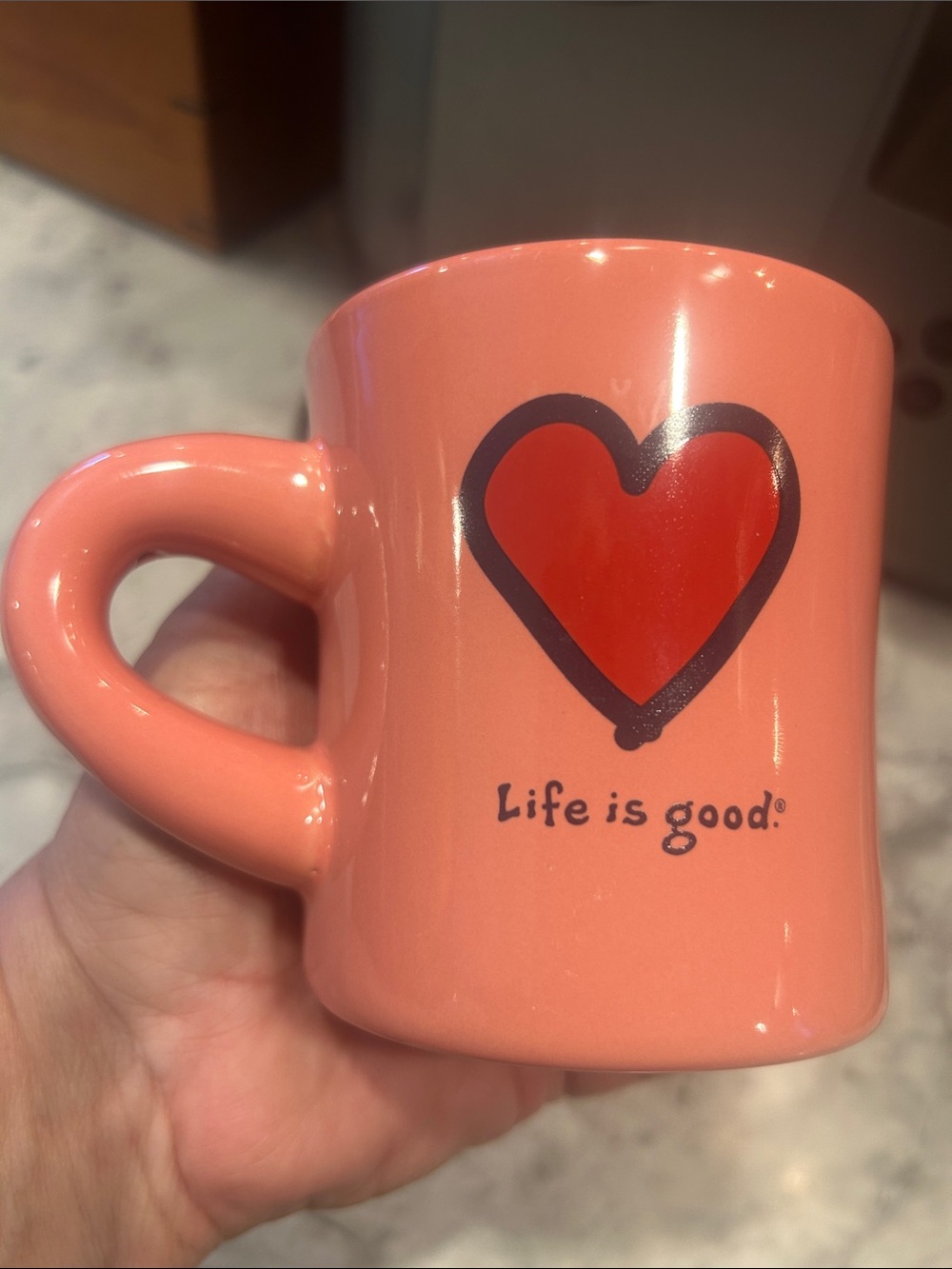 Life Is Good Coral Pink Heart Ceramic Mug